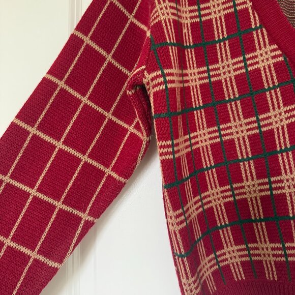 Vintage knit plaid Christmas holiday preppy gift cardigan red grandpa sweater - Picture 8 of 16